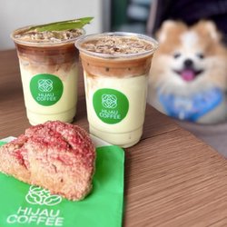 Hijau Coffee - Pandan Latte w/ oat milk ($8), Klepon Latte w/ coconut milk, pandan syrup, coconut flakes ($7.50), Strawberry Shortcake Scone ($6)