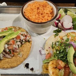 Lindo Mexican Restaurant & Supermarket - A la Carte,  shrimp tostada, side of rice, shrimp taco.