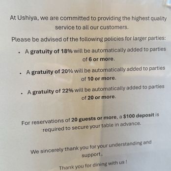 Ushiya Grill - Gratuity notice - Japanese Near Me - Milpitas, California Ushiya Grill - Gratuity notice - Japanese Near Me - Milpitas, California