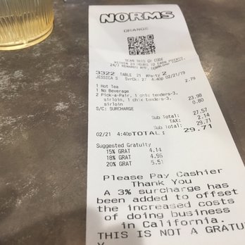 NORMS Restaurant - 3% "Cost of doing business in CA" TAXED to my food bill and then taxed again. REALLY? - Diners Near Me - Orange, California