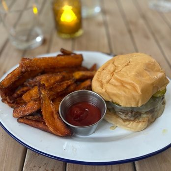 Basic Kitchen - In a mood for a burger and amazingly Perfect sweet potato fries - New American Near Me - Charleston, South Carolina