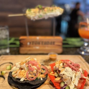 Tostadas - Mexican Street Corn in back with shrimp and crab tostada - Breakfast & Brunch Near Me - San Jose, California