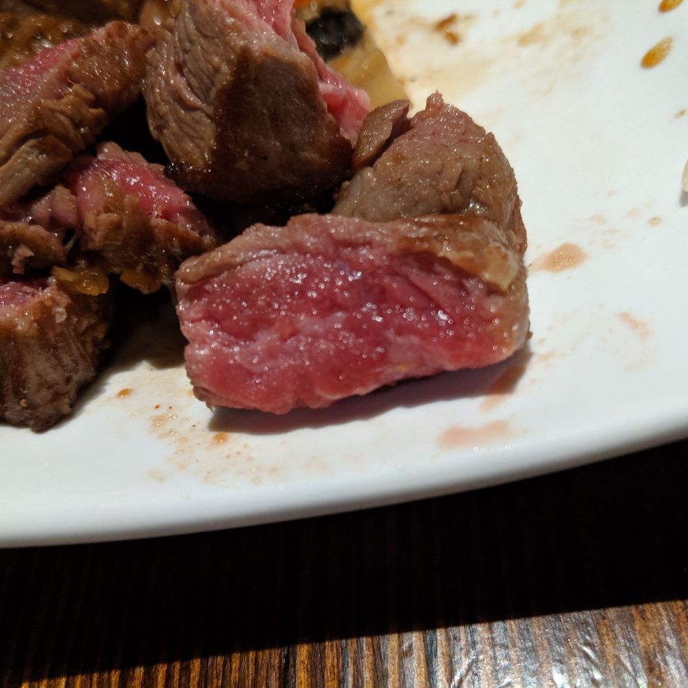 Passion Fin - Raw steak. That's not pink, that's raw on the inside (likely because they cooked it from a frozen state) - Sushi Bars Near Me - Gainesville, Virginia Passion Fin - Raw steak. That's not pink, that's raw on the inside (likely because they cooked it from a frozen state) - Sushi Bars Near Me - Gainesville, Virginia