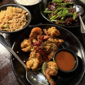 P.F. Chang's - Salt & Pepper Prawns (), and Mongolian Beef with a side of white and fried rice. - Chinese Near Me - Eugene, Oregon
