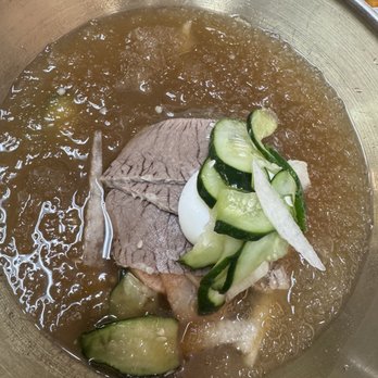 Jinju Gomtang - Cold Noodle 물냉면 Mool Naengmyeon Broth at first was a touch sweet so adding the vinegar- hot mustard- chilli paste made it perfect. - Korean Near Me - Las Vegas, Nevada Jinju Gomtang - Cold Noodle 물냉면 Mool Naengmyeon Broth at first was a touch sweet so adding the vinegar- hot mustard- chilli paste made it perfect. - Korean Near Me - Las Vegas, Nevada