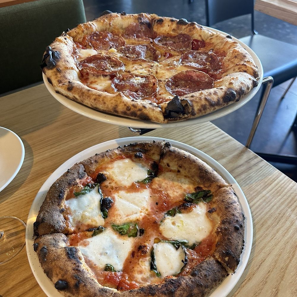 Mentone - Margherita (bottom) and Soppressata pizza (top) - Italian Near Me - Aptos, California