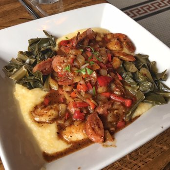 South Kitchen + Bar - Shrimp and grits with sausage and collard greens. Definitely try this. - Cocktail Bars Near Me - Athens, Georgia