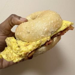 Cleveland Bagel Cafe - Saturday morning, 21 December 2024 -- Bacon and Egg sandwich ($7) without cheese on a plain bagel (price is $8 with cheese)