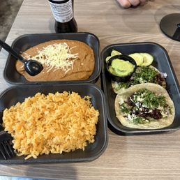Carne Asada Tacos, rice, beans