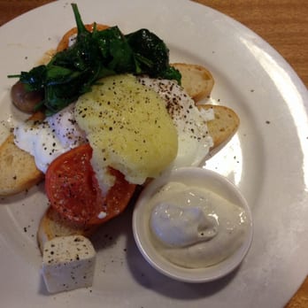 Sheoak Cafe - Greek Brekkie with poached eggs, skordalia, fetta, tomato, mushrooms and spinach - Cafes Near Me - Belair, SA Sheoak Cafe - Greek Brekkie with poached eggs, skordalia, fetta, tomato, mushrooms and spinach - Cafes Near Me - Belair, SA