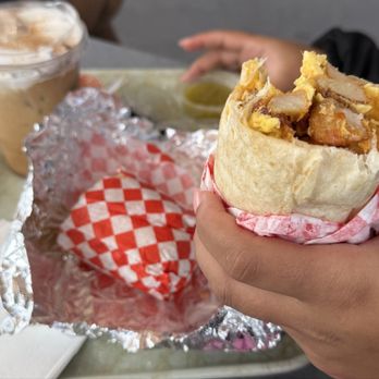 Buenos Dias Cafe - Bacon breakfast burrito and churro latte. - Cafes Near Me - Riverside, California