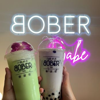 Bober Tea & Coffee - Left - Pandan Mung Bean Latte Right - Taro Milk Tea with boba - Bubble Tea Near Me - Folsom, California