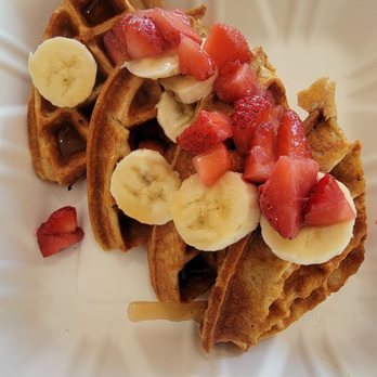 Rise Up Nutrition - Waffles with 22 grams of protein topped with strawberries, bananas, and sugar free syrup. - Juice Bars & Smoothies Near Me - Laurel, Maryland Rise Up Nutrition - Waffles with 22 grams of protein topped with strawberries, bananas, and sugar free syrup. - Juice Bars & Smoothies Near Me - Laurel, Maryland