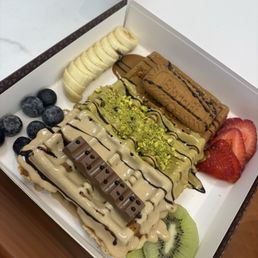 Bora Bora Waffle- combination of Kinder, Pistachio, and Biscoff.