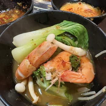Hot Pot 585 & Korean BBQ - My hot pot creation, SO GOOD!! Bok choy, shrimp, mushrooms, broccoli and noodles. - Hot Pot Near Me - Rochester, New York Hot Pot 585 & Korean BBQ - My hot pot creation, SO GOOD!! Bok choy, shrimp, mushrooms, broccoli and noodles. - Hot Pot Near Me - Rochester, New York