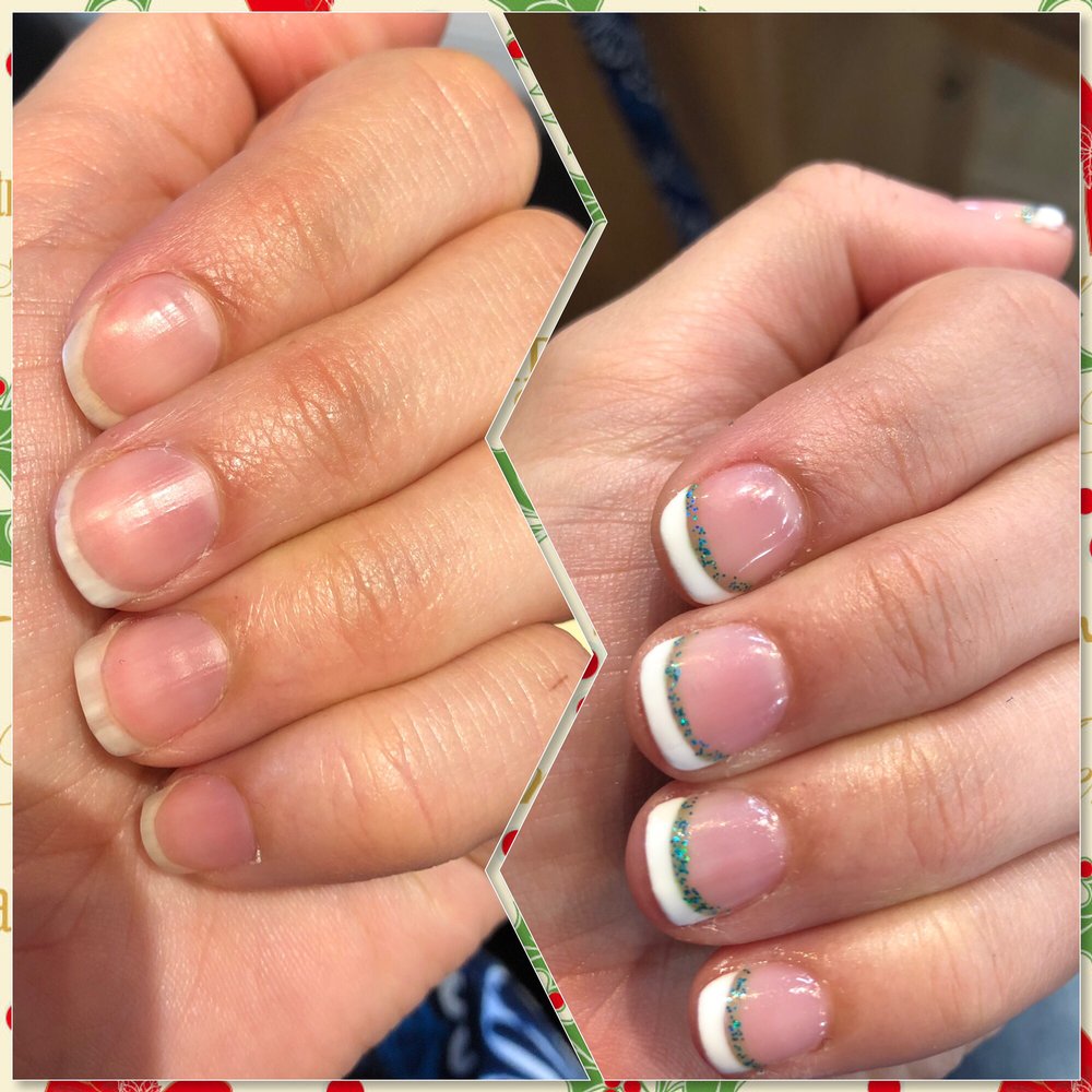 Tips & Toes Salon - Before and after. French manicure with teal strip. - Nail Salons Near Me - Livermore, California