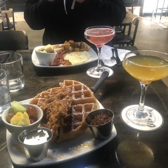 COVE - Chicken and waffle, standard breakfast and berry and passion fruit mimosas! Yum! - Sports Bars Near Me - Olympia, Washington COVE - Chicken and waffle, standard breakfast and berry and passion fruit mimosas! Yum! - Sports Bars Near Me - Olympia, Washington