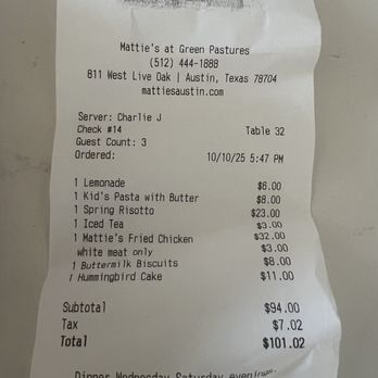 Mattie's - Receipt - American Near Me - Austin, Texas