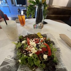 Kouzina Coffee Tea Eats - The Peach cobbler cream soda was INCREDIBLE (left). Greek salad with added gyro meat