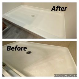 Before and after for resurfacing on shower pan and shower walls.