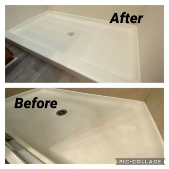 ABC Resurfacing - Before and after for resurfacing on shower pan and shower walls. - Kitchen & Bath Near Me - Tucson, Arizona