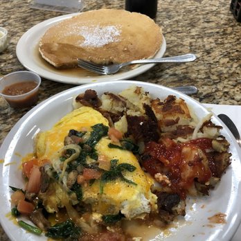 Carolyn's Cafe - Spinach and mushroom omelet with a pecan pancake - Breakfast & Brunch Near Me - Redlands, California Carolyn's Cafe - Spinach and mushroom omelet with a pecan pancake - Breakfast & Brunch Near Me - Redlands, California
