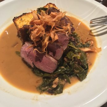 Riel - Duck with greens and cornbread - New American Near Me - Houston, Texas Riel - Duck with greens and cornbread - New American Near Me - Houston, Texas