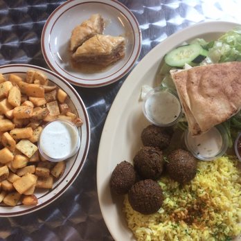 Mediterranean Grill - Falafel  plate, Greek potatoes , and baklava. Huge servings. Delicious!! .  Amazing falafel. - Mediterranean Near Me - Athens, Georgia