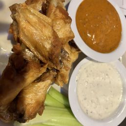 Wings with the sauce on the side.  The ravioli is shown in the second photo.