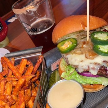 Tap Room - Cheeseburger with sweet potato french fries - Bars Near Me - Patchogue, New York Tap Room - Cheeseburger with sweet potato french fries - Bars Near Me - Patchogue, New York
