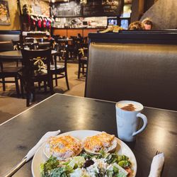Grace Cafe - Turkey melt, Greek salad, eggnog latte, and restaurant (decorated for the holidays)