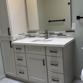 Lazarit Construction - Main Bath: AFTER - new vanity, custom cabinet, LED mirror, tiled floor - General Contractors Near Me Lazarit Construction - Main Bath: AFTER - new vanity, custom cabinet, LED mirror, tiled floor - General Contractors Near Me