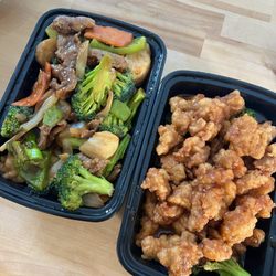 Min's Wok - Marble beef (tender beef w scallops & veggies) & General tsos chicken