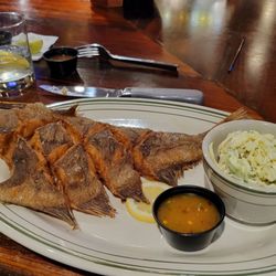 Willie Sue's - Whole fried flounder with coleslaw.