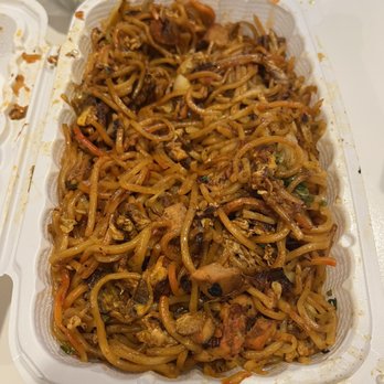 Desi Bites - Chicken Hakka Noodles, as red in real life as it looks in this photo - Indian Near Me - Hillsboro, Oregon