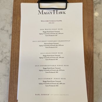 Maggy Hawk - Menu - ask for prices - Wineries Near Me - Philo, California