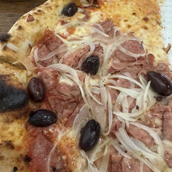 The Doughfellas - Calabresa Tomato sauce, mozzarella, sliced smoked in-house calabresa sausage, kalamata olives and sliced onions. - Pizza Near Me - Pompano Beach, Florida The Doughfellas - Calabresa Tomato sauce, mozzarella, sliced smoked in-house calabresa sausage, kalamata olives and sliced onions. - Pizza Near Me - Pompano Beach, Florida