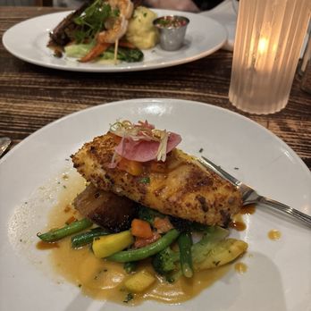 The Fish Hopper - Macadamia crusted halibut and herb crusted lamb and shrimp skewer - Seafood Near Me - Monterey, California