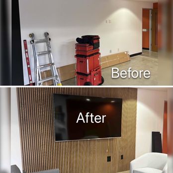 Handy Max - Wood slat accent wall + TV mount (before/after). Finish carpentry for homes & businesses. Los Angeles. - Handyman Near Me