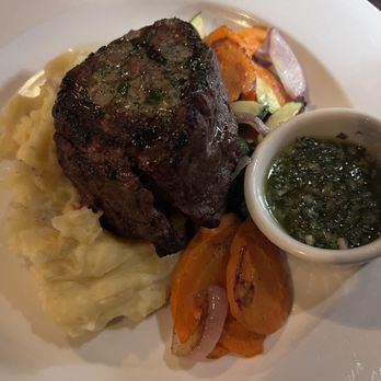 John's Grill - 8oz filet mignon with mashed potatoes and vegetables with chimichurri sauce for dipping steaks. - Seafood Near Me - Mukilteo, Washington John's Grill - 8oz filet mignon with mashed potatoes and vegetables with chimichurri sauce for dipping steaks. - Seafood Near Me - Mukilteo, Washington