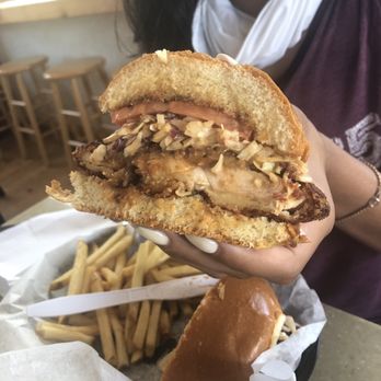 Kenji Burger - Inside of the chicken katsu burger - Burgers Near Me - Kapaa, Hawaii Kenji Burger - Inside of the chicken katsu burger - Burgers Near Me - Kapaa, Hawaii