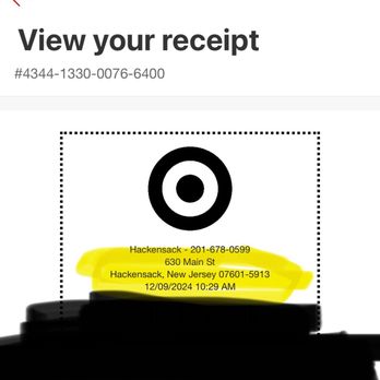 Target - A digital receipt from Target in Hackensack, New Jersey, shows store location, address, date, and time of purchase. The receipt includes itemized grocery purchases with prices and quantities. The store details are highlighted in yellow, and the receipt features the Target logo at the top. The image is a screenshot of a mobile device displaying the receipt details clearly. - Department Stores Near Me - Hackensack, New Jersey