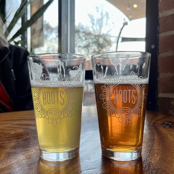 Hoots Beer - Mc Juicy IPA on left and Gashopper IPA on right - Brewpubs Near Me - Winston-Salem, North Carolina Hoots Beer - Mc Juicy IPA on left and Gashopper IPA on right - Brewpubs Near Me - Winston-Salem, North Carolina