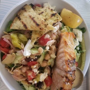Cali - Cool Greek Cali Salad with Grilled Salmon... - New American Near Me - Tampa, Florida Cali - Cool Greek Cali Salad with Grilled Salmon... - New American Near Me - Tampa, Florida
