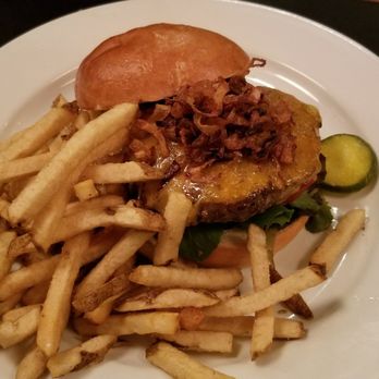 Pub Republic - Trappist Monk Burger: Beer Hops & Malt Rub, Crispy Shallots, Petaluma Creamery Smoked Cheddar Cheese, Roasted Garlic Aioli ($16) - Gastropubs Near Me - Petaluma, California