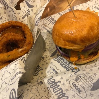 Bareburger - Murray Hill - Fire Quacker with onion rings. - Burgers Near Me - New York, New York