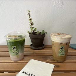 Matcha with coconut milk + guava  Latte + banana cold foam