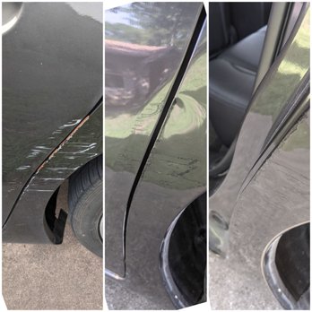 Touch Up Masters - Before/after/after with door ajar: scrape on driver's side rear door filled/covered to prevent rusting. Looks much better! - Auto Repair Near Me - Austin, Texas