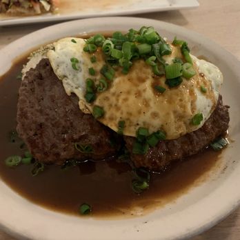 Kau Kau - Loco Moco - Two Scoops of Seasoned Sushi Rice, Two House Ground Burger Patties, Two Over Easy Eggs, Homemade Brown Gravy, and Green Onions - Asian Fusion Near Me - Sacramento, California