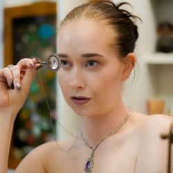 20/20 Vintage - Victoria monocle with crystal rhinestone on a sterling silver Victorian chain  this is an amazing piece. 

Art deco amethyst necklace